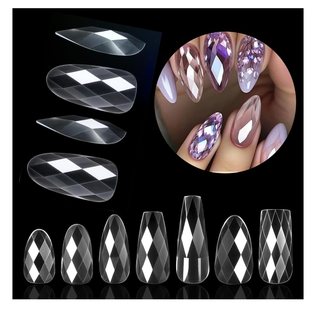NAILWIND 3D Diamond Shape Designs False Nails,150 Pcs Soft Gel Tips Full Cover Acrylic Nail Tips, Nail Extension 14 Sizes Suitable for Nail Tips Art Salons ? Home (CLEAR, COFFIN) - Image 9