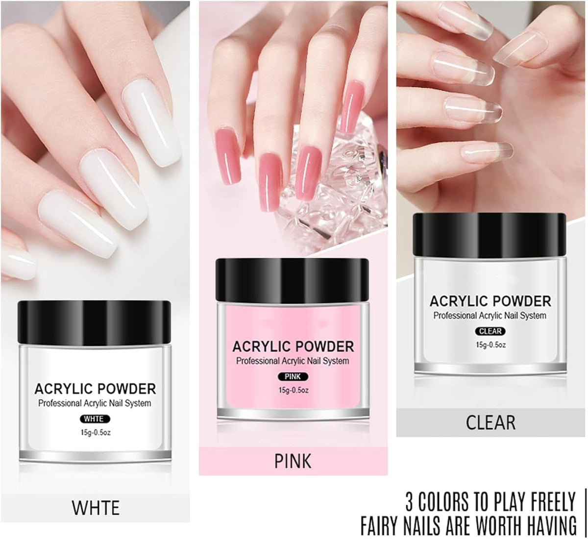 NAILWIND Acrylic Nail Kit - Acrylic Powder Set - 3 Colors 28g White Clear Pink Nail Powder Professional Polymer Colored Nail Powder for Acrylic Nail Extension Carving - Image 2