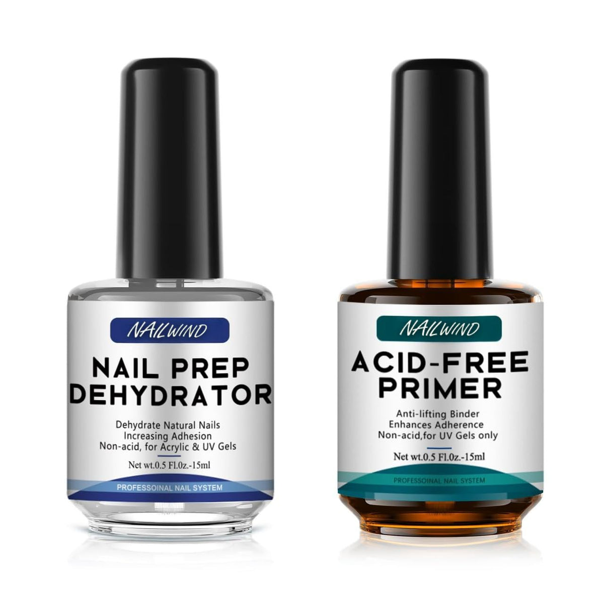 NAILWIND Professional Natural Nail Prep Dehydrator and Nail Acid-Free Primer Set, Acid Free Primer & Dehydrate Bond, Superior Protein Bonding, Fast Air Dry For Gel Polish & Acrylic Powder 0.5oz