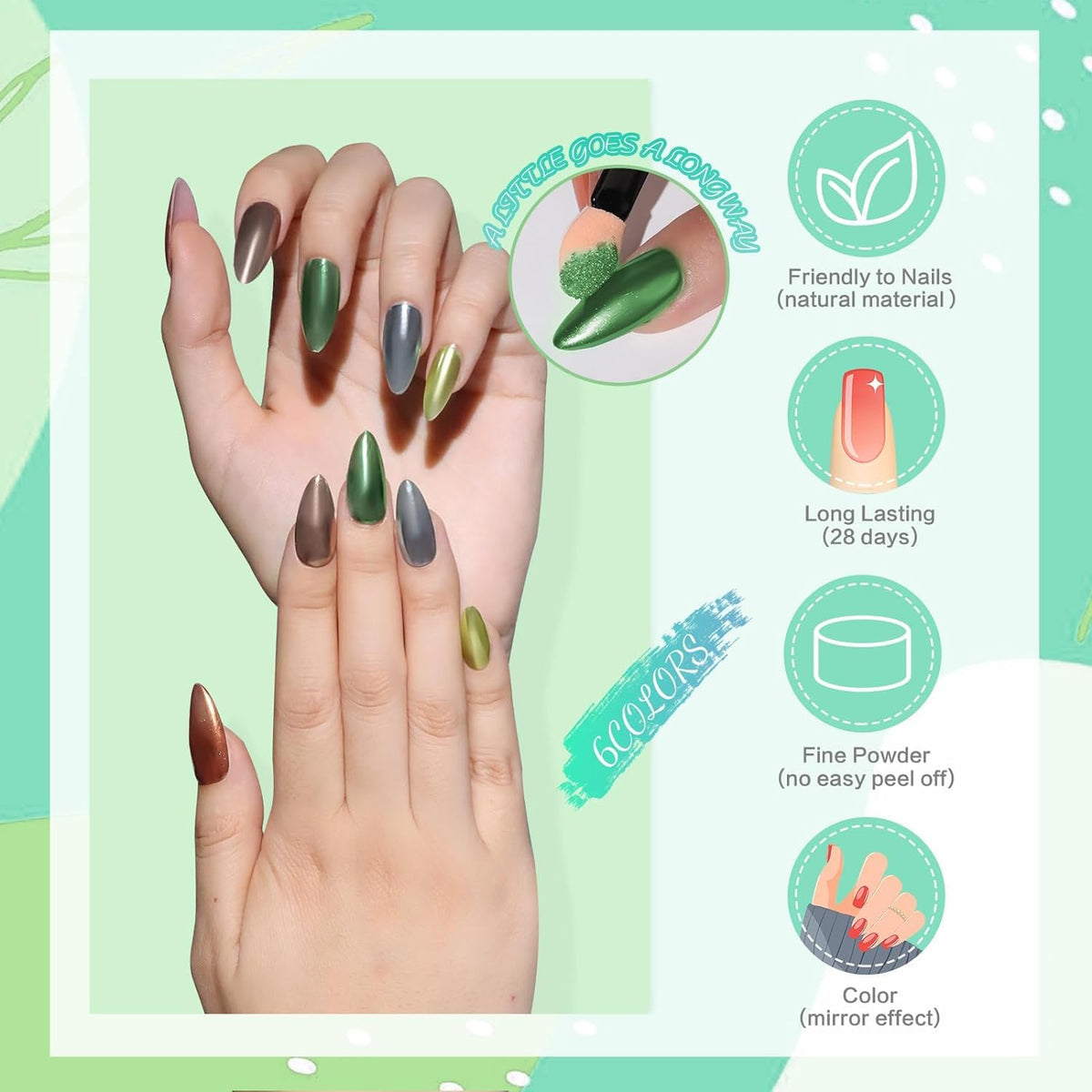 NAILWIND 6 Colors Chrome Nail Powder Set,Metallic Mirror Effect Nail Art Powder,Holographic Pigment Glitter Dust for Gel Polish Manicure Decoration with 6 Eyeshadow Sticks (01) - Image 2