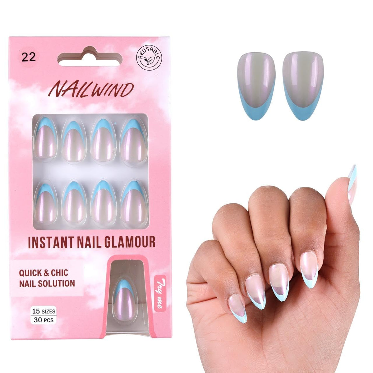NAILWIND French Tip Press On Nails Short Almond - Chrome Hot Pink Press On Nail Short, Stick On Nails for Women, Glue On Nail with in 16 Sizes - 30 Soft Gel Fake nail on Kit, for Women Girls 22 - Blue - Image 5