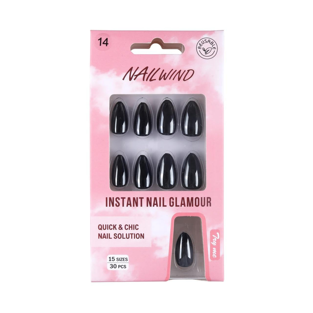 NAILWIND 30Pcs Short Almond chrome & Cat eye Nails, Press On Nails, Soft Gel Mirror Designs Glossy Nail's with Nail Glue, Reusable Glue On in 15 Sizes - 30PCS Stick On Nail Kit, Acrylic Nail for Women 14 - Black - Image 3