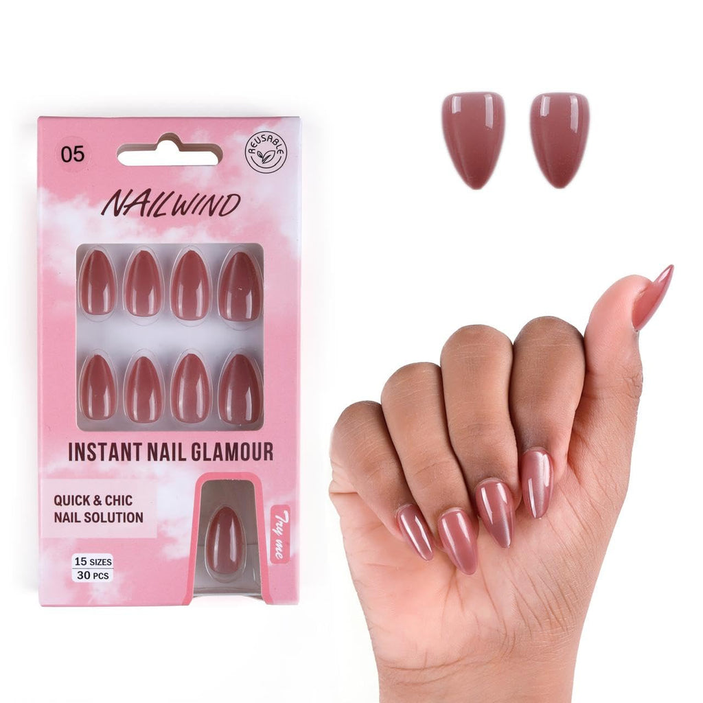 NAILWIND 30Pcs Short Almond chrome & Cat eye Nails, Press On Nails, Soft Gel Mirror Designs Glossy Nail's with Nail Glue, Reusable Glue On in 15 Sizes - 30PCS Stick On Nail Kit, Acrylic Nail for Women 05 - Nude peach, - Image 5