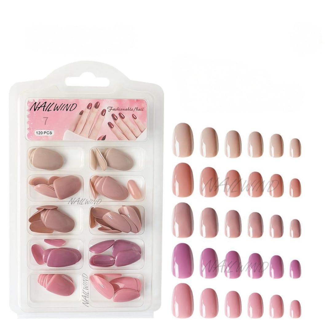 NAILWIND 120 Pcs Soft Gel Nails | Medium Round Artificial Nails Extensions | Combo in 5 Colors With Glue Stickers | Acrylic Nails Press ons for Women Girls (07)