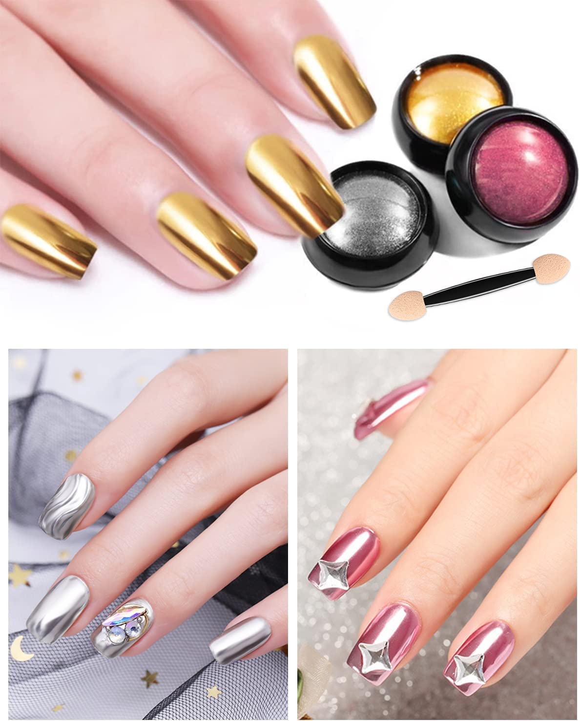 NAILWIND Colors Chrome Nail Powder Set, Reflective Glitter Metallic Mirror Effect for Nails Art Design 3D Holographic Silver Rose Gold Pigment (2- PCS, Gold - Silver) - Image 5