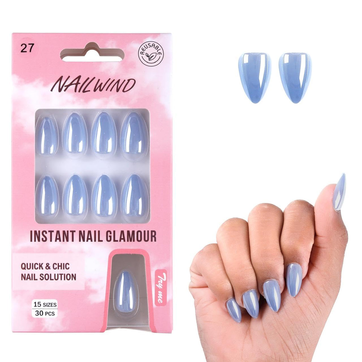 NAILWIND 30Pcs Short Almond chrome & Cat eye Nails, Press On Nails, Soft Gel Mirror Designs Glossy Nail's with Nail Glue, Reusable Glue On in 15 Sizes - 30PCS Stick On Nail Kit, Acrylic Nail for Women (17- Blue, Short) - Image 5