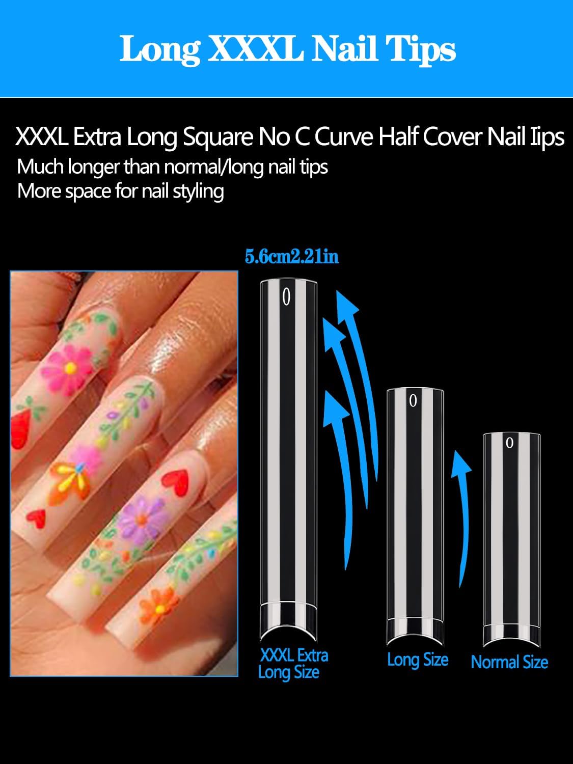 NAILWIND 240PCS No 4 C Curve Square Nail Tips, XXXL Half Cover Clear Nail Tips for Acrylic Nails, 3XL Straight Tapered Square Fake Nail Tip Set, 12 Sizes Flattened Acrylic Nail Tip for Nail Salons and DIY - Image 2