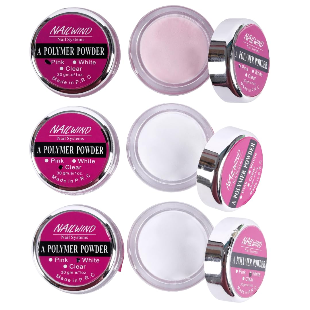 NAILWIND Acrylic Nail Kit - Acrylic Powder Set - 3 Colors 28g White Clear Pink Nail Powder Professional Polymer Colored Nail Powder for Acrylic Nail Extension Carving