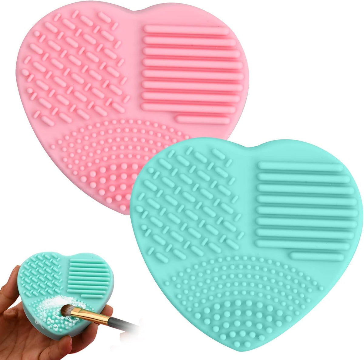 COSLUXE Brush Cleaning Mat, Silicone Makeup Cleaning Brush Scrubber Mat Portable Washing Tool Cosmetic Brush Cleaner (Heart Shaped 1 & Egg Shaped 1) - Image 2