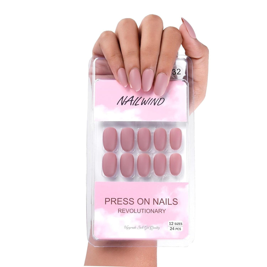 NAILWIND 24pcs Press on Nails | Matte Natural French Short False Nails | Acrylic Full Cover Nails | Natural Fake Nails Delicate & Comfortable for Women and Girls (V-32)