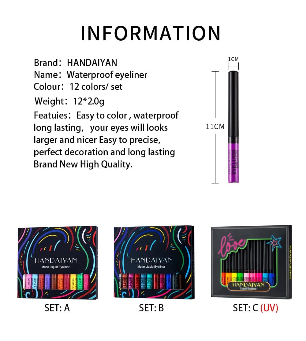 My Colors Colorful Liquid Eyeliner Set, 12 colors Matte Neon Eyeliner Pigmented Waterproof Smudgeproof Long Lasting Eye Liner Eye Makeup Gift Kit for Women C, 12 Pcs - Image 7