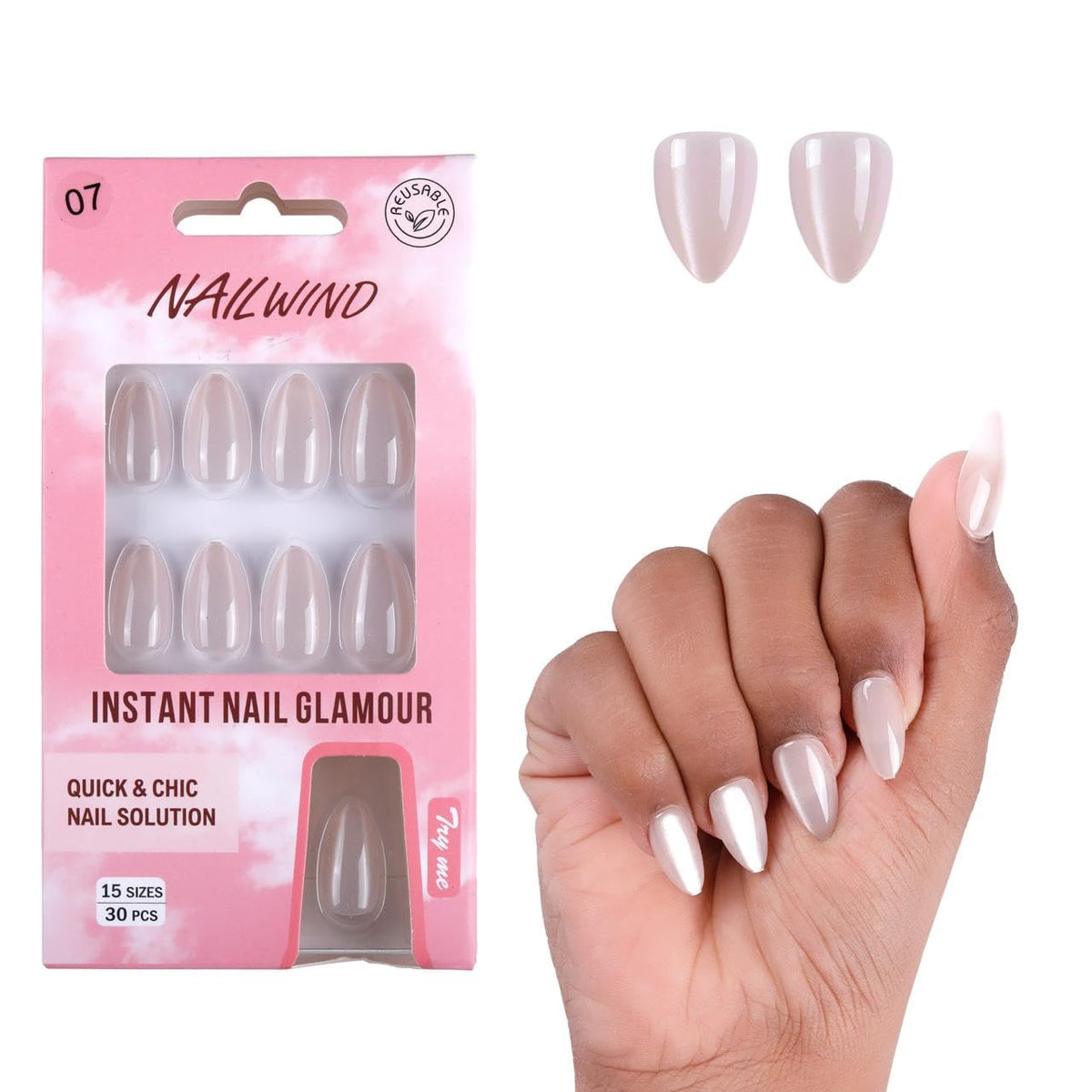 NAILWIND 30Pcs Short Almond chrome & Cat eye Nails, Press On Nails, Soft Gel Mirror Designs Glossy Nail's with Nail Glue, Reusable Glue On in 15 Sizes - 30PCS Stick On Nail Kit, Acrylic Nail for Women 07 - pearl White, - Image 5