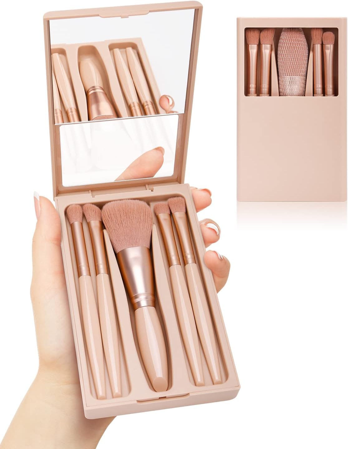 COSLUXE Makeup Brushes Set, 5 Piece Professional Travel Small Makeup Brushes with Brush Case Built-in Mirror, Portable Cosmetics Brushes - Multicolored