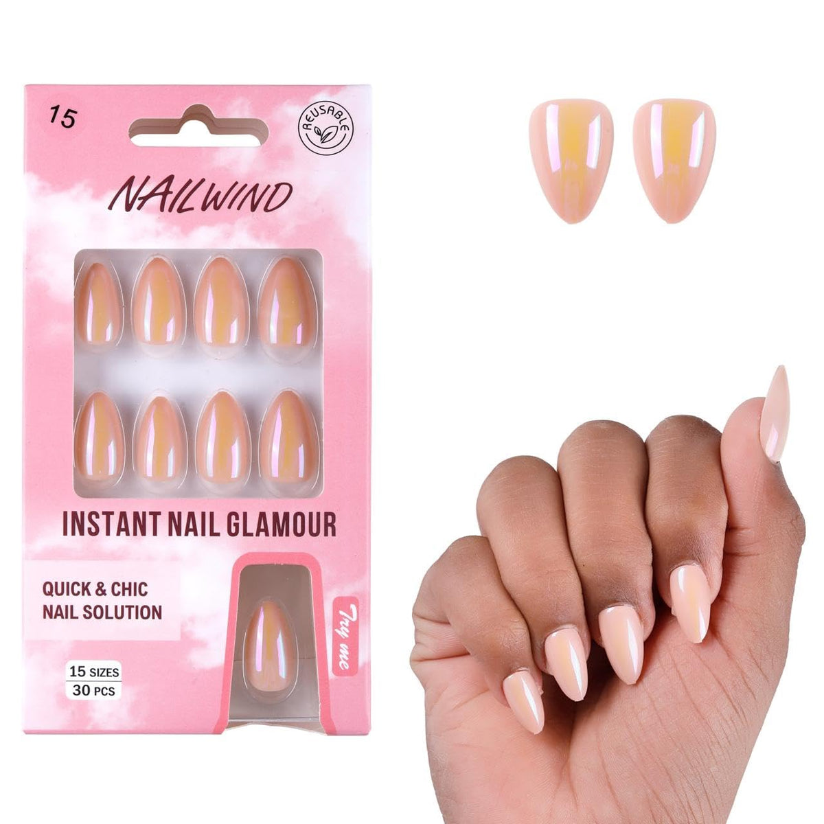 NAILWIND 30Pcs Short Almond chrome & Cat eye Nails, Press On Nails, Soft Gel Mirror Designs Glossy Nail's with Nail Glue, Reusable Glue On in 15 Sizes - 30PCS Stick On Nail Kit, Acrylic Nail for Women 15 - Light Y, - Image 5