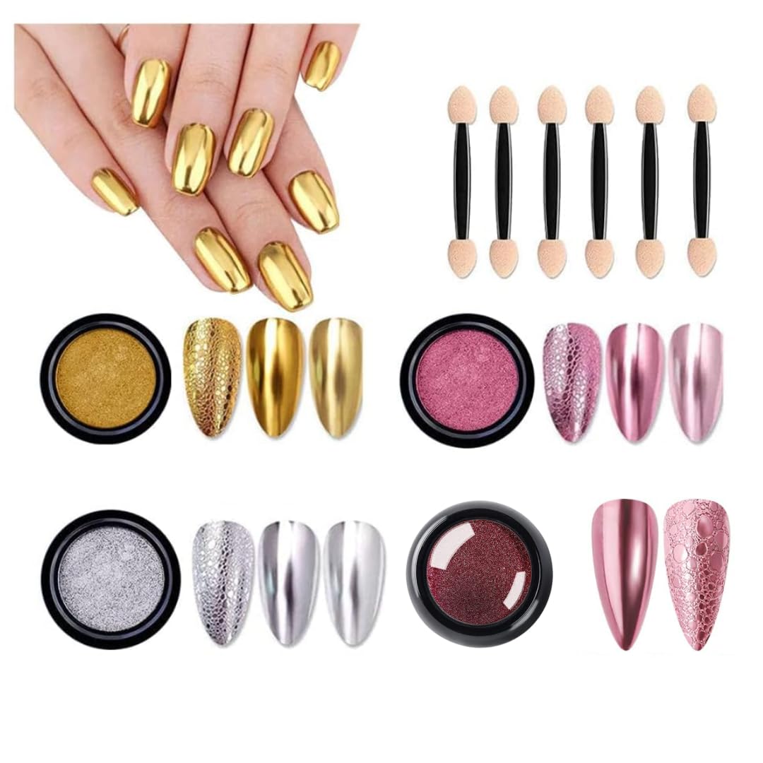 NAILWIND 4 Colors Chrome Nail Powder Set, Gold, Silver,Purple,Coper Reflective Glitter Metallic Mirror Effect for Nails Art Design 3D Holographic Nail Art Powder Nail Decoration