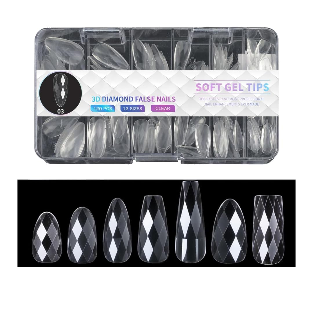 NAILWIND 3D Diamond Shape Designs False Nails,150 Pcs Soft Gel Tips Full Cover Acrylic Nail Tips, Nail Extension 14 Sizes Suitable for Nail Tips Art Salons ? Home (CLEAR, ALMOND)