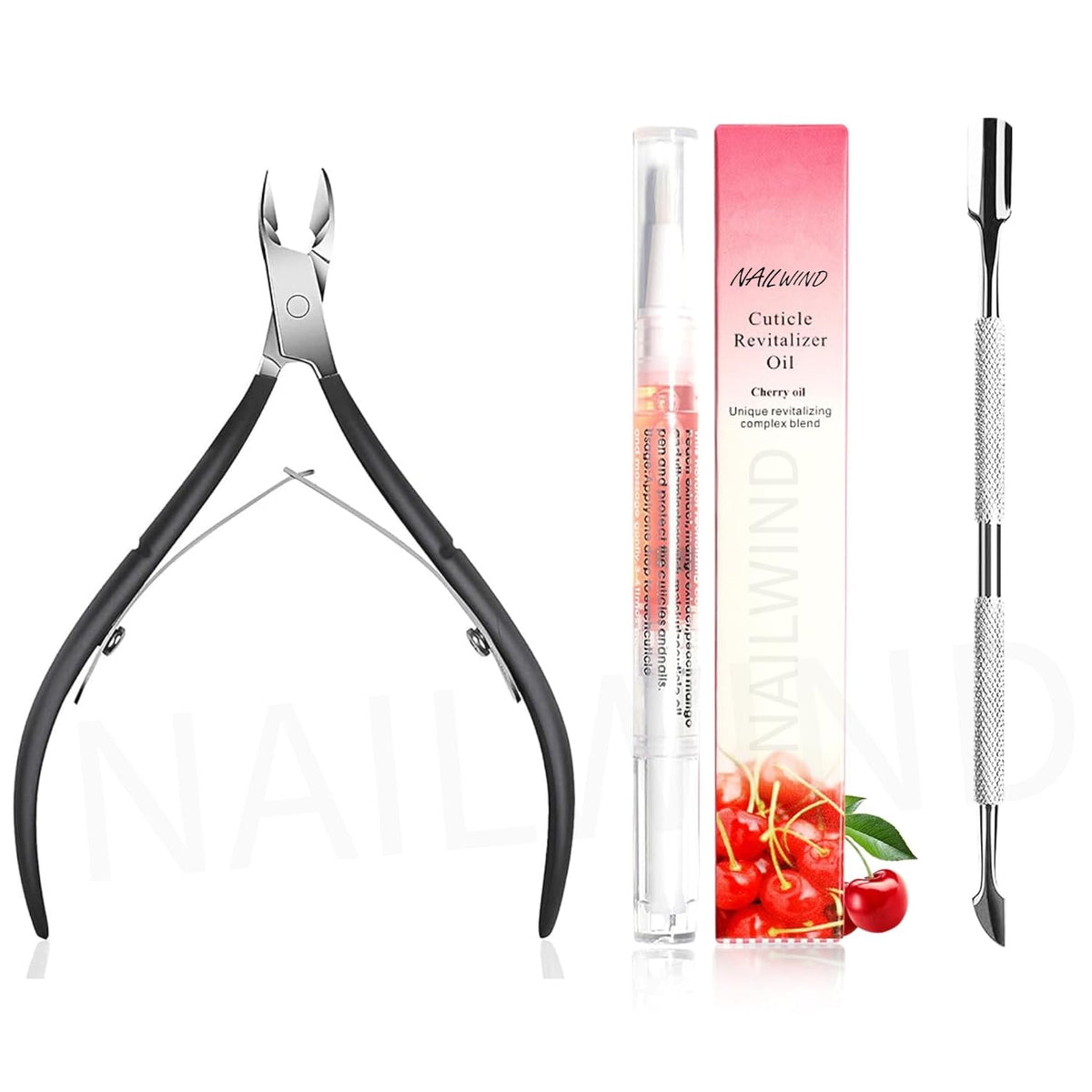 NAILWIND Cuticle Pusher, Cuticle Cutter, Cuticle Oil Set, 3 pcs Surgical Grade Stainless Steel Cuticle Trimmer & Cuticle Nipper for Fingernails and Toenails Care Durable Pedicure Manicure Tools