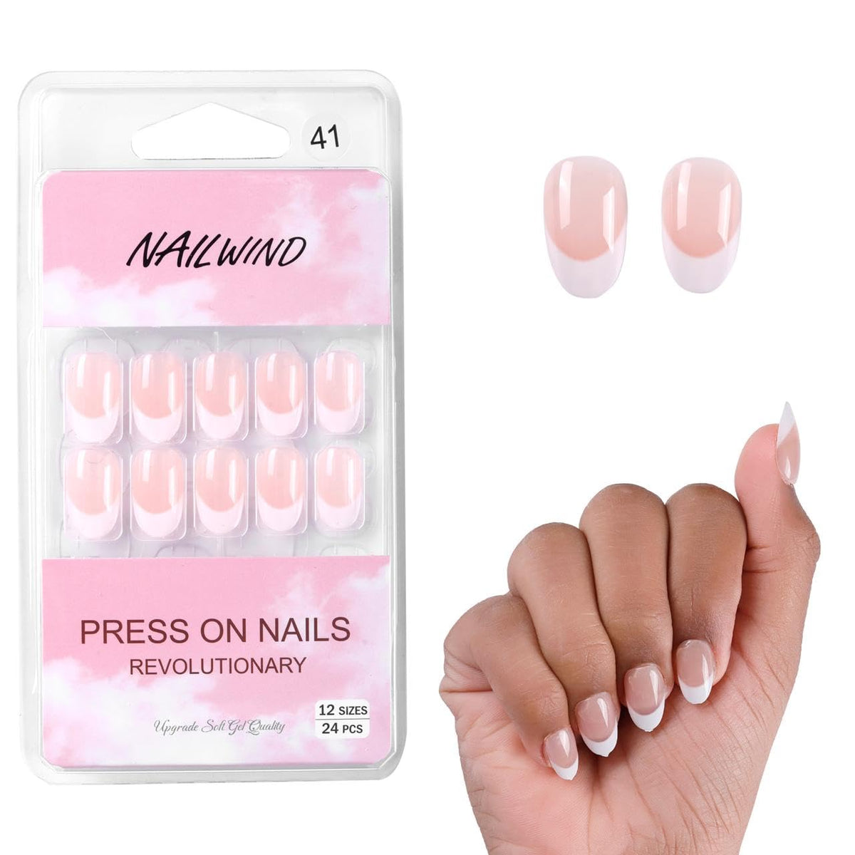 NAILWIND 24 Natural French Short False Nails Acrylic Full Cover Nails,Natural Fake Nails Delicate & Comfortable for Women and Girls (N41, 24 Count -Pack of 1)