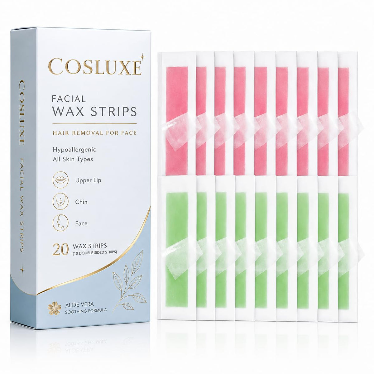 COSLUXE Facial Wax Strips for Women 20 (10 double sided) – Hypoallergenic Face Hair Removal Waxing Kit for Upper Lip, Chin & Face – At Home Wax Strips for All Skin Types – For Women & Girls