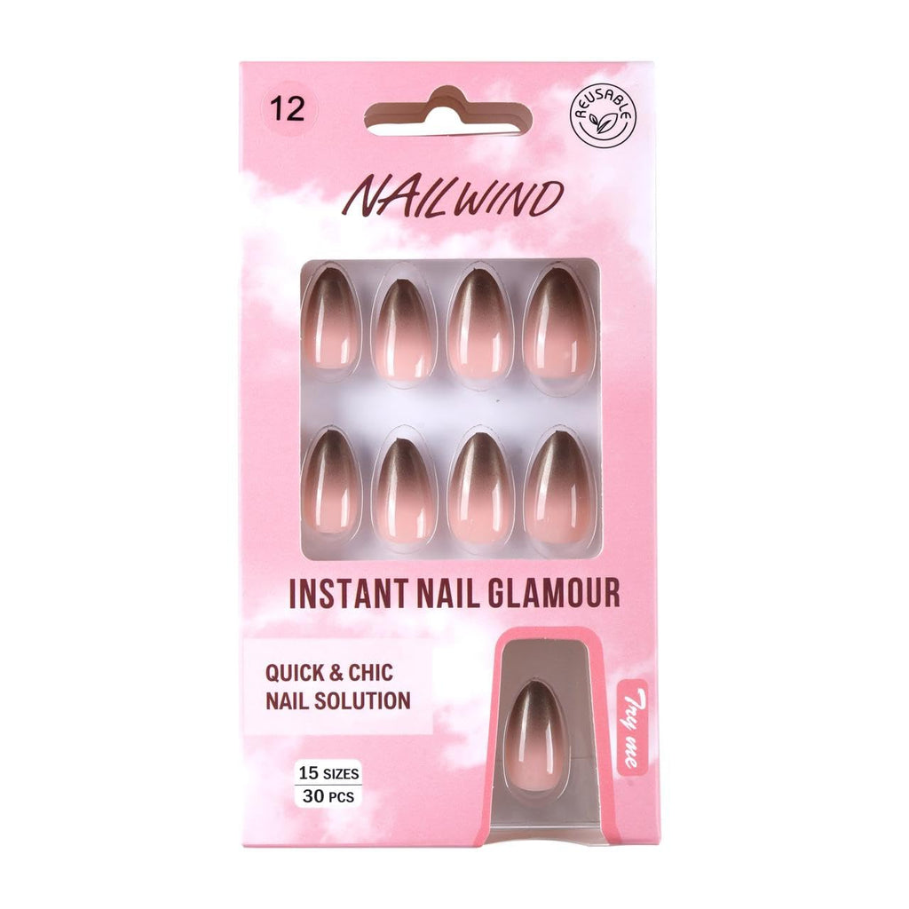 NAILWIND 30Pcs Short Almond Ombre Press On Nails & french Nail, Soft Gel Mirror Designs Glossy Ombre Nails with Nail Glue, Semi-Transparent Reusable Glue On in 15 Sizes - Acrylic Nail for Women 12 - Metallic - Image 2