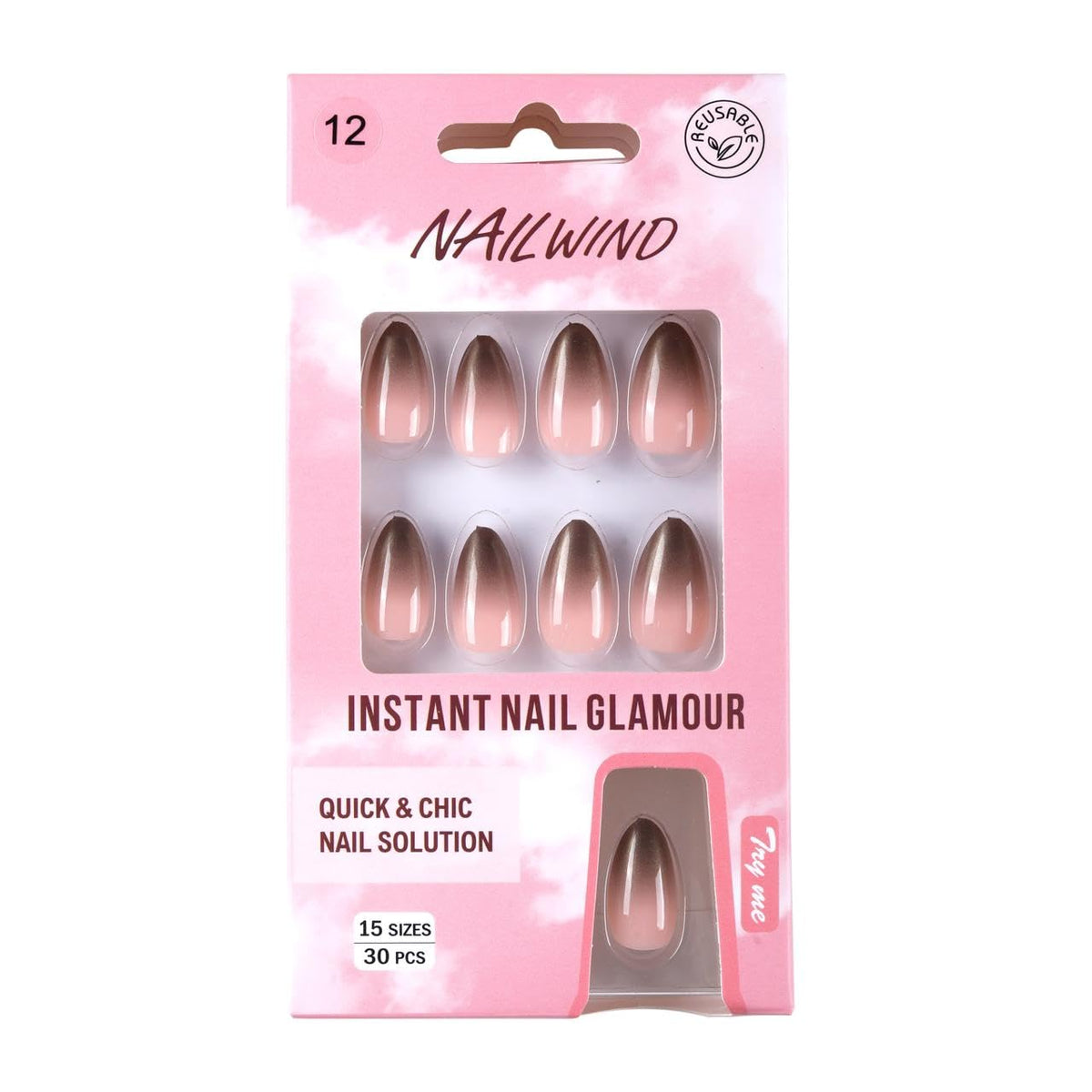 NAILWIND 30Pcs Short Almond Ombre Press On Nails & french Nail, Soft Gel Mirror Designs Glossy Ombre Nails with Nail Glue, Semi-Transparent Reusable Glue On in 15 Sizes - Acrylic Nail for Women 12 - Metallic - Image 2