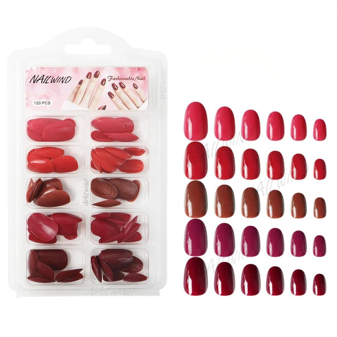 NAILWIND 120 Pcs Soft Gel Nails | Medium Round Artificial Nails Extensions | Combo in 5 Colors With Glue Stickers | Acrylic Nails Press ons for Women Girls (01)