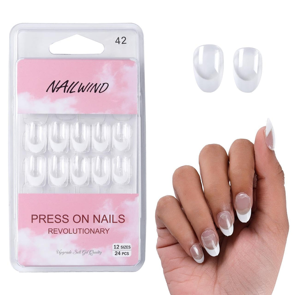 NAILWIND 24 Natural French Short False Nails Acrylic Full Cover Nails,Natural Fake Nails Delicate & Comfortable for Women and Girls (N42, 24 Count -Pack of 1)