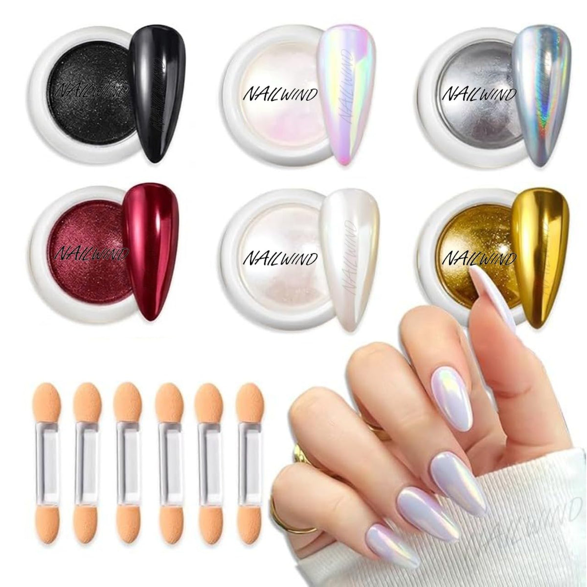 NAILWIND 6 Colors Chrome Nail Powder 6 Pcs, Mermaid Powder -White, Red, Silver, Gold, Black nail Chrome powders Mirror Effect - Iridescent Nail Pigment powder - Nail Art for Gel Nails