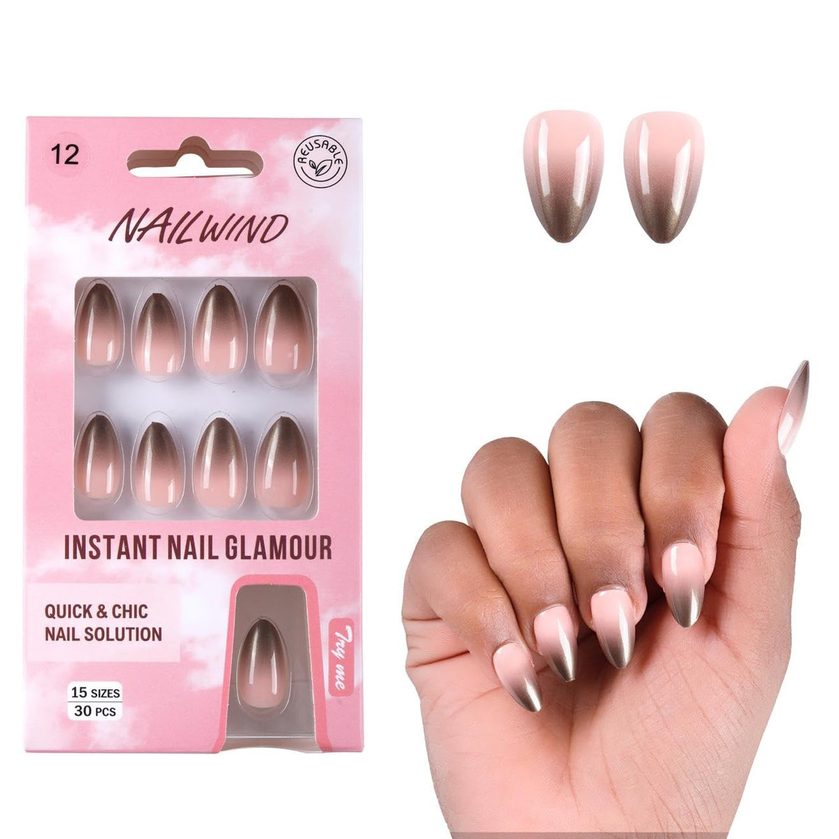 NAILWIND 30Pcs Short Almond Ombre Press On Nails & french Nail, Soft Gel Mirror Designs Glossy Ombre Nails with Nail Glue, Semi-Transparent Reusable Glue On in 15 Sizes - Acrylic Nail for Women 12 - Metallic - Image 5
