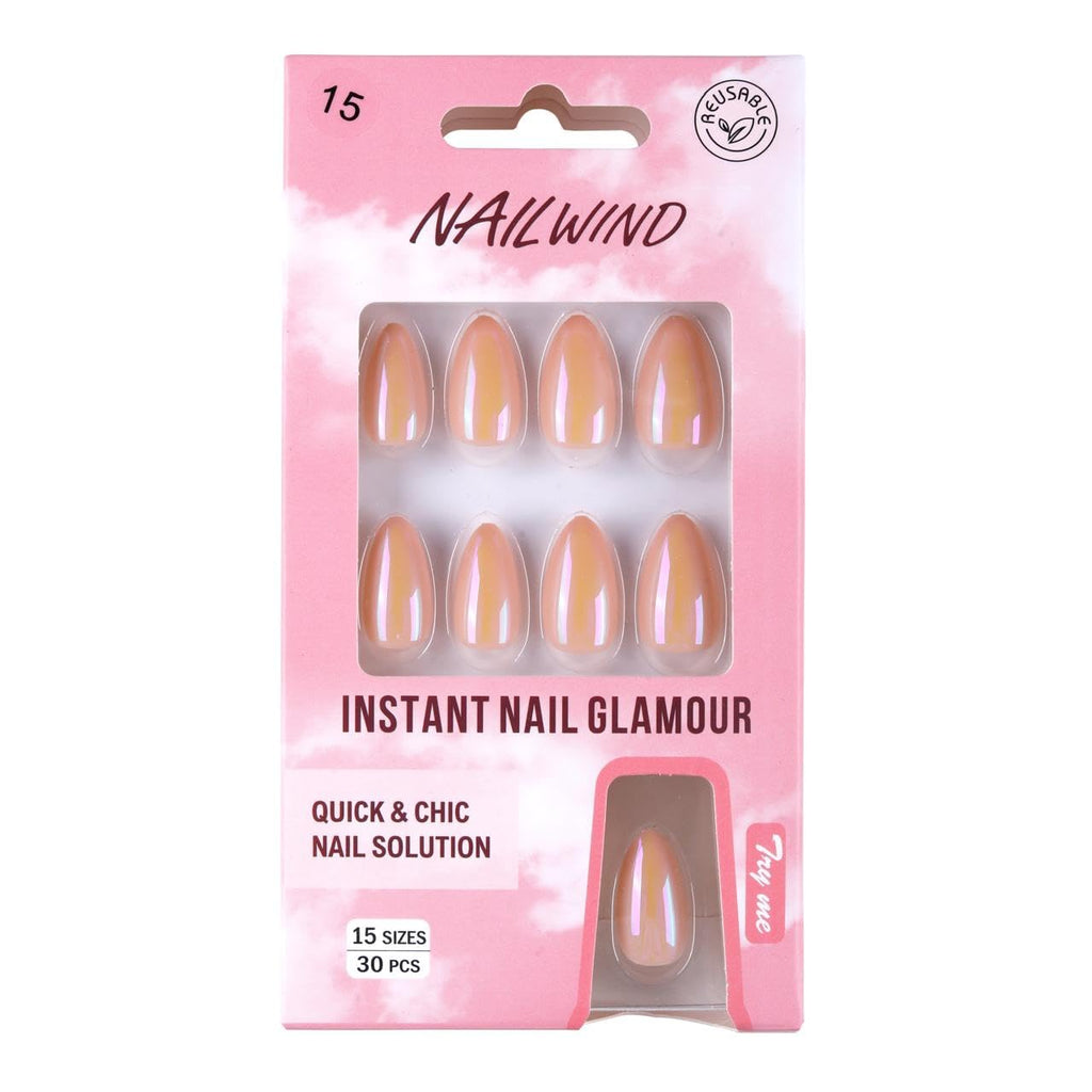 NAILWIND 30Pcs Short Almond chrome & Cat eye Nails, Press On Nails, Soft Gel Mirror Designs Glossy Nail's with Nail Glue, Reusable Glue On in 15 Sizes - 30PCS Stick On Nail Kit, Acrylic Nail for Women 15 - Light Y, - Image 2
