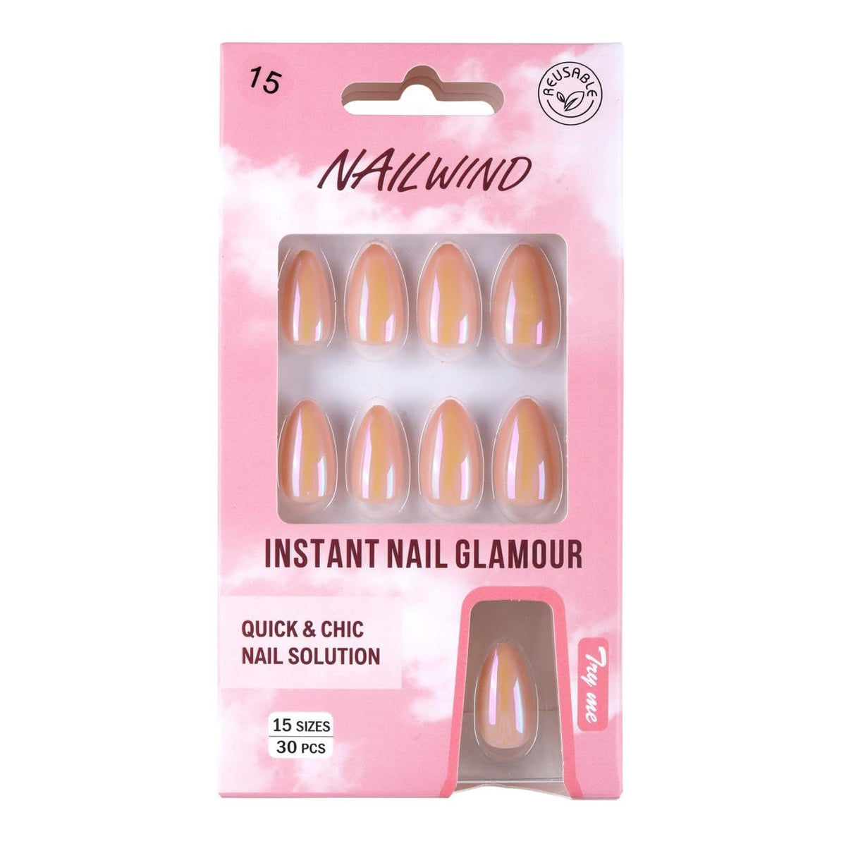 NAILWIND 30Pcs Short Almond chrome & Cat eye Nails, Press On Nails, Soft Gel Mirror Designs Glossy Nail's with Nail Glue, Reusable Glue On in 15 Sizes - 30PCS Stick On Nail Kit, Acrylic Nail for Women 15 - Light Y, - Image 2