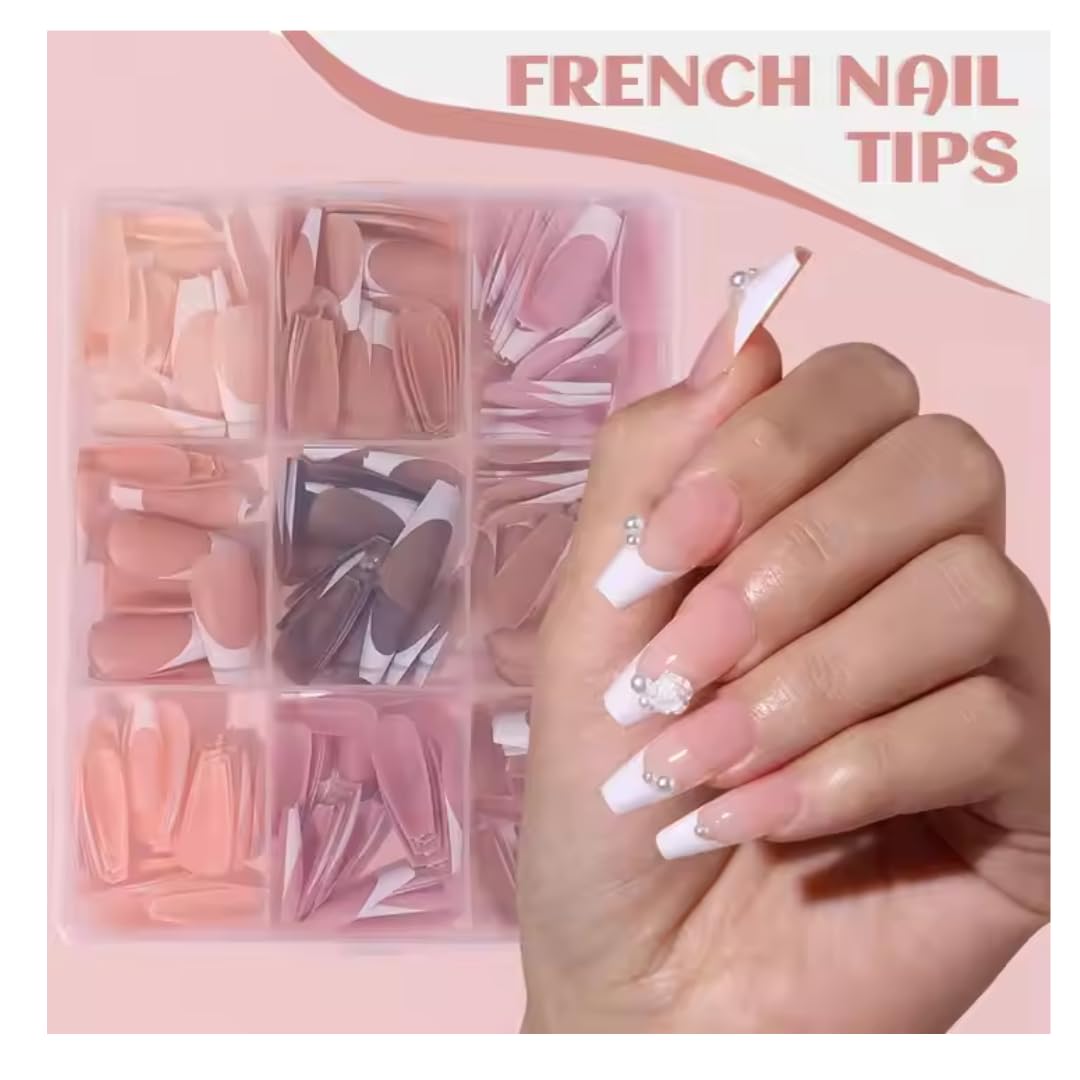 NAILWIND 216Pcs White French Tip Press on Nails Coffin Shape Fake Nails, Artificial Nail Extensions Combo in 9 Colors, Full Cover Glossy Nude False Acrylic Nail for Women Girls Nail Design - Image 2
