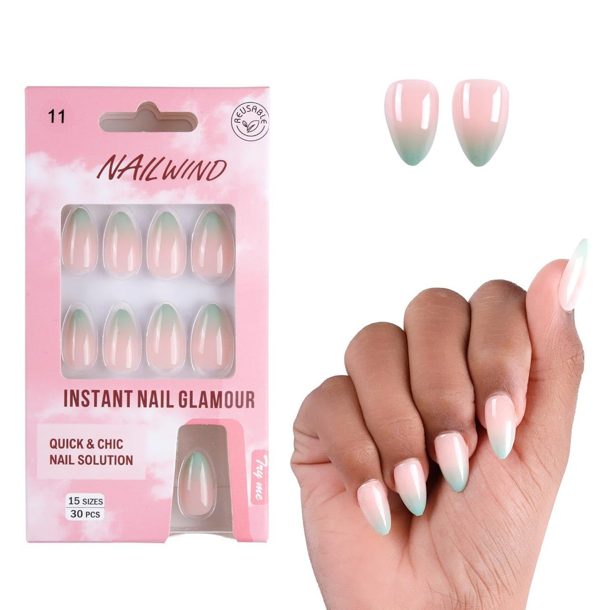 NAILWIND 30Pcs Short Almond Ombre Press On Nails & french Nail, Soft Gel Mirror Designs Glossy Ombre Nails with Nail Glue, Semi-Transparent Reusable Glue On in 15 Sizes - Acrylic Nail for Women 11 - Mint Green - Image 3