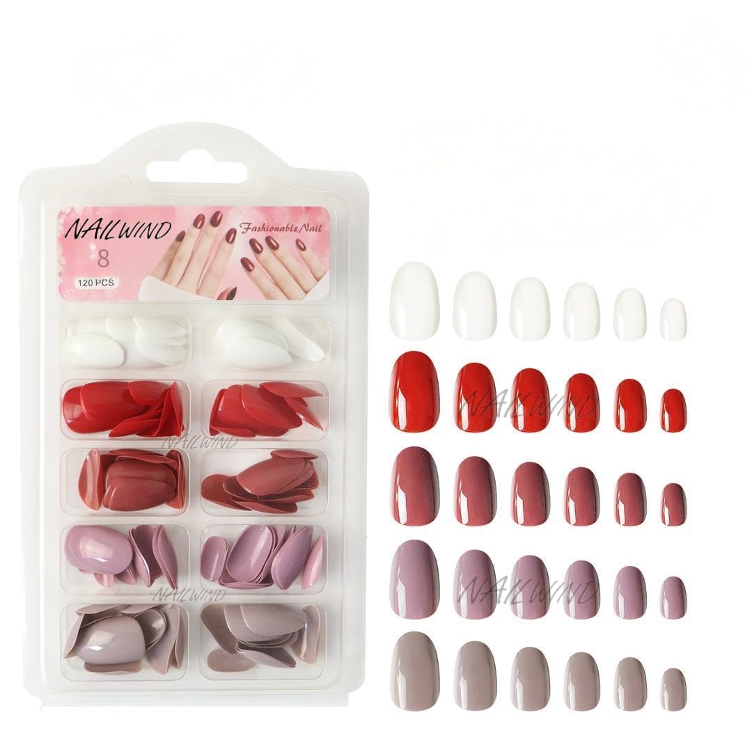 NAILWIND 120 Pcs Soft Gel Nails | Medium Round Artificial Nails Extensions | Combo in 5 Colors With Glue Stickers | Acrylic Nails Press ons for Women Girls (08)