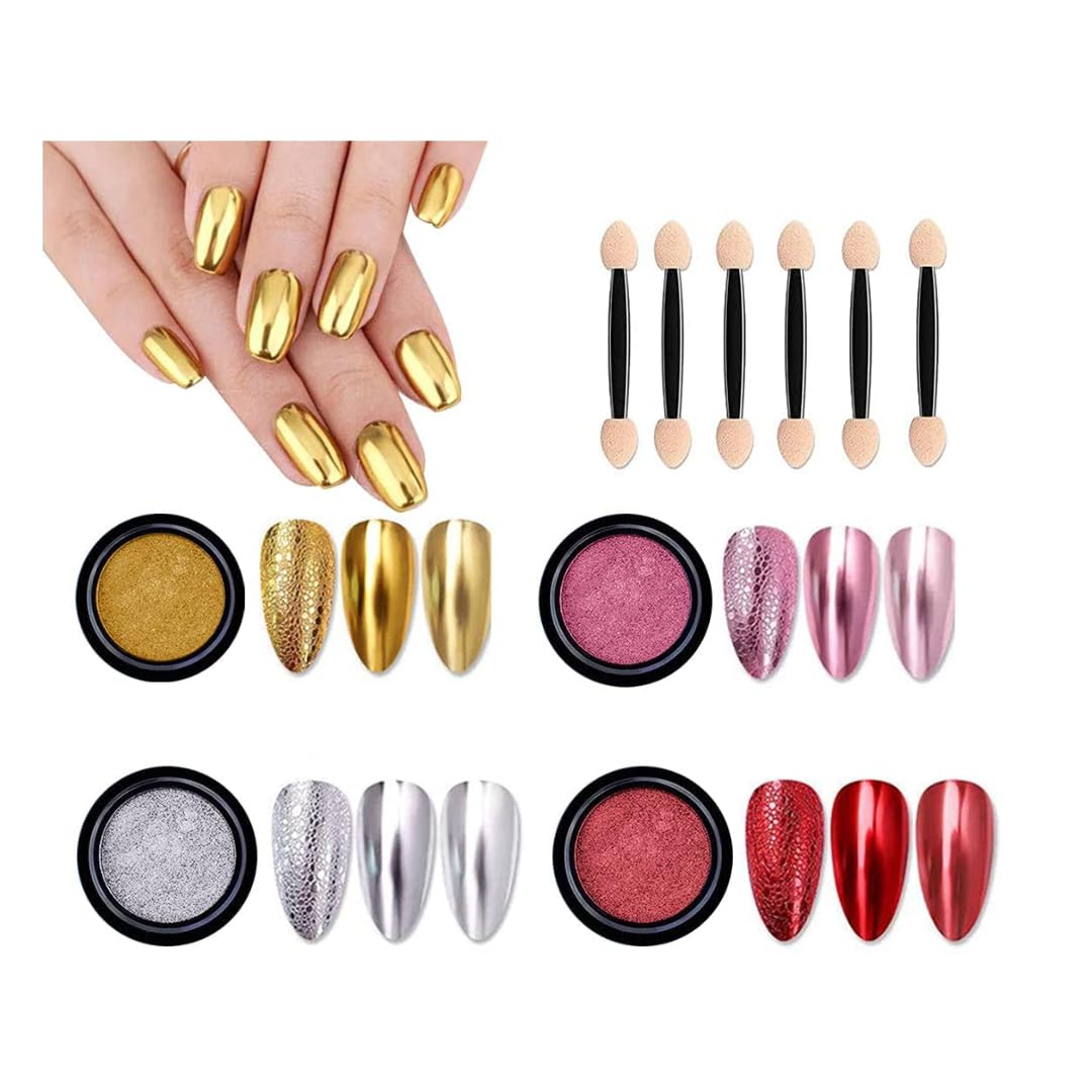 NAILWIND Colors Chrome Nail Powder Set, Gold, Silver,Red,Pink Reflective Glitter Metallic Mirror Effect for Nails Art Design 3D Holographic Silver Rose Gold Pigment 4 - Pcs set,