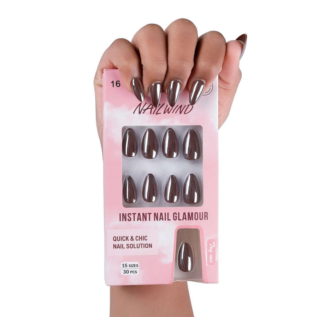 NAILWIND 30Pcs Short Almond chrome & Cat eye Nails, Press On Nails, Soft Gel Mirror Designs Glossy Nail's with Nail Glue, Reusable Glue On in 15 Sizes - 30PCS Stick On Nail Kit, Ac