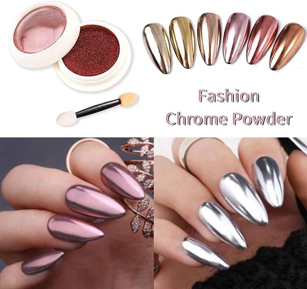 NAILWIND 6 Colors Chrome Nail Powder Set,Metallic Mirror Effect Nail Art Powder,Holographic Pigment Glitter Dust for Gel Polish Manicure Decoration with 6 Eyeshadow Sticks (04) - Image 2
