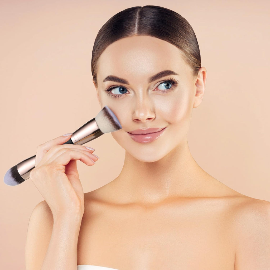 COSLUXE Makeup Brushes Dual-ended Foundation Brush Concealer Brush, 2-in-1 Make Up Brushes Synthetic Kabuki Brush for Concealer Eye Shadow Eyeliner Eyebrow Make Up Brush (Brown - Flat/Angled Round, 1 - Pcs) - Image 8