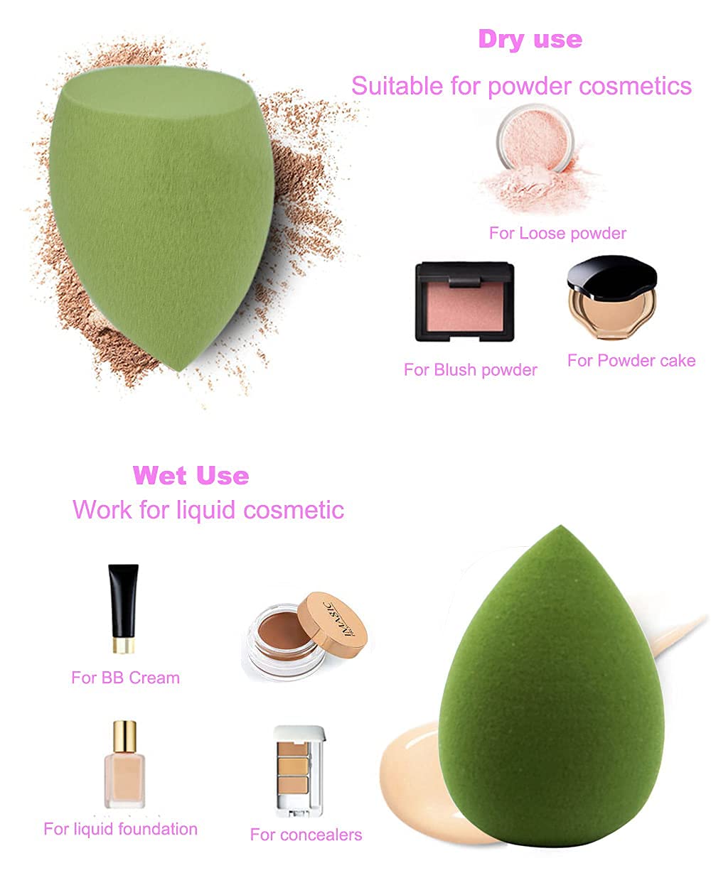 COSLUXE Makeup Sponge Set Beauty Blender with Egg Case, Soft Sponge For Liquid Foundation, Creams, and Powders?Latex Free Wet and Dry Makeup Green Series, 4 Pcs - Image 6