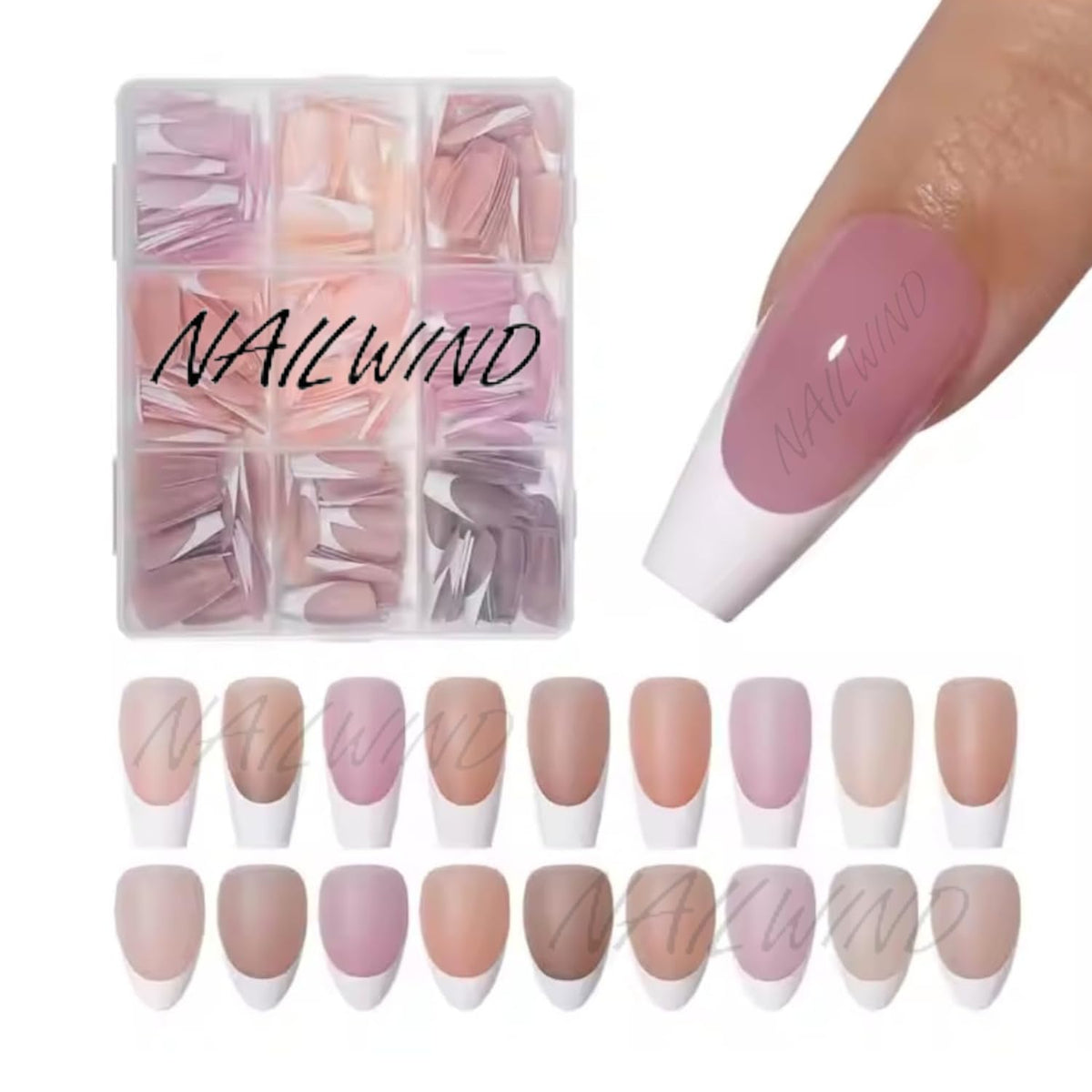 NAILWIND 216Pcs White French Tip Press on Nails Coffin Shape Fake Nails, Artificial Nail Extensions Combo in 9 Colors, Full Cover Glossy Nude False Acrylic Nail for Women Girls Nail Design
