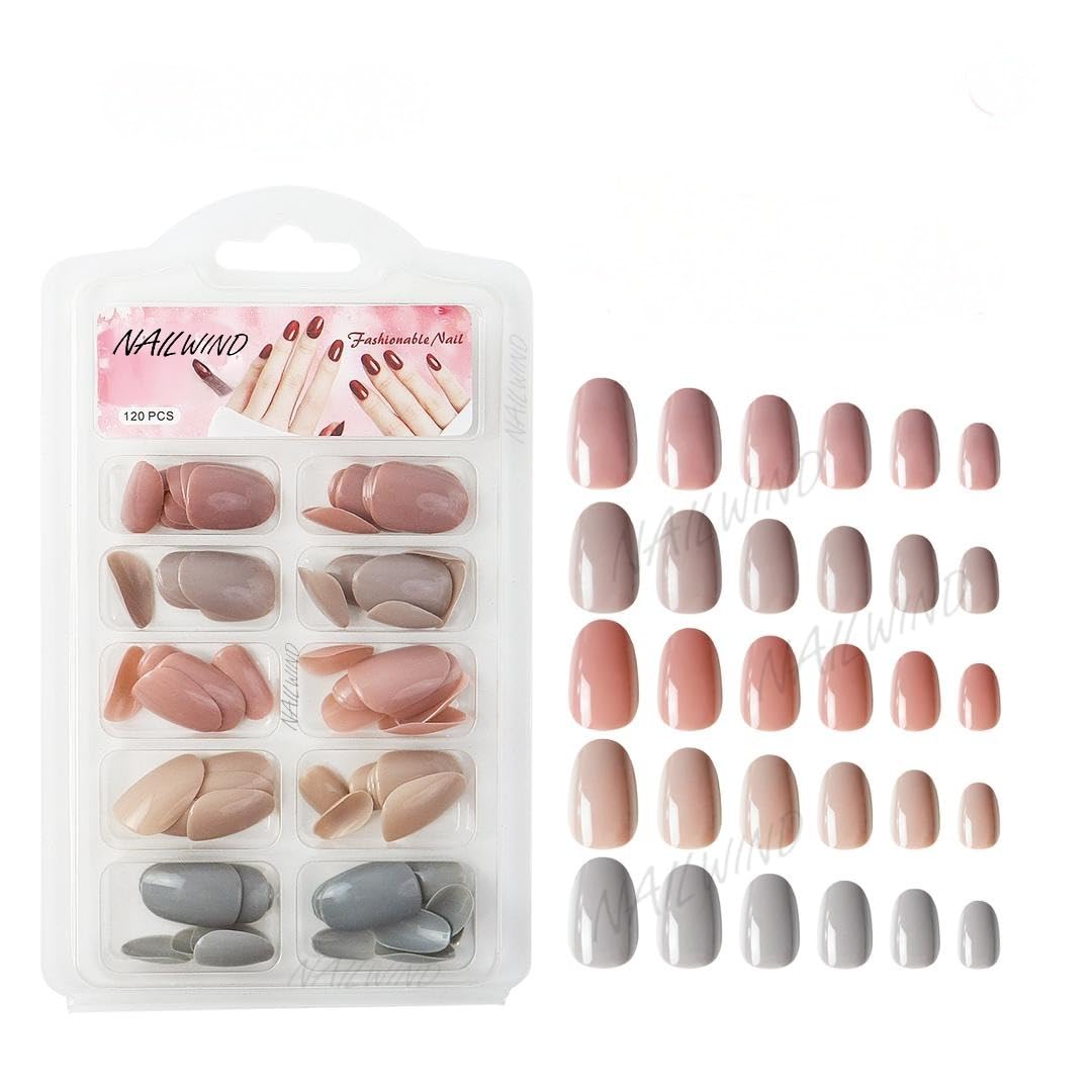 NAILWIND 120 Pcs Soft Gel Nails | Medium Round Artificial Nails Extensions | Combo in 5 Colors With Glue Stickers | Acrylic Nails Press ons for Women Girls (04)