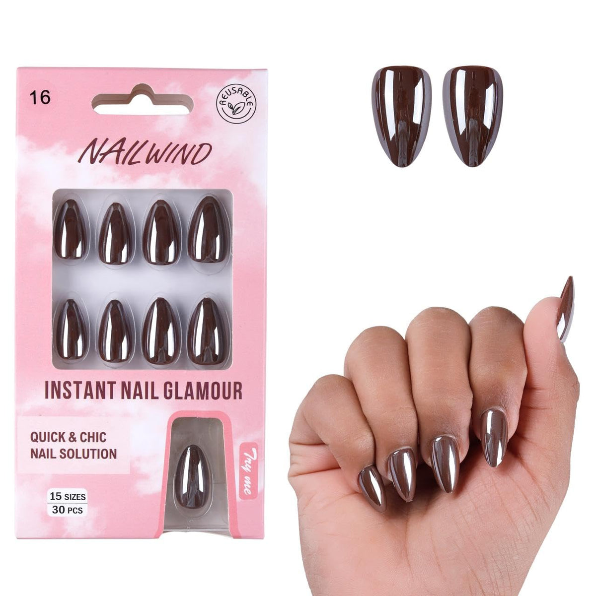 NAILWIND 30Pcs Short Almond chrome & Cat eye Nails, Press On Nails, Soft Gel Mirror Designs Glossy Nail's with Nail Glue, Reusable Glue On in 15 Sizes - 30PCS Stick On Nail Kit, Acrylic Nail for Women 16 - brown - Image 5