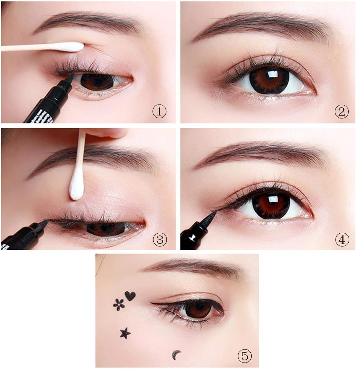 HUDAMOJI Pencil Semi-Matte Eyeliner Stamp Wingliner, Dual-Ended, Waterproof Heart & Star Shape Stamps Tattoo Eyeliners Makeup Tools For Women Girl, 2 - Pcs, Black - Image 4