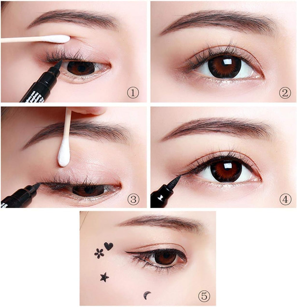 HUDAMOJI Pencil Semi-Matte Eyeliner Stamp Wingliner, Dual-Ended, Waterproof Long Lasting Heart & Star Shape Stamps Tattoo Eyeliners Makeup Tools For Women Girl, 1 - Pcs, Black - Image 4