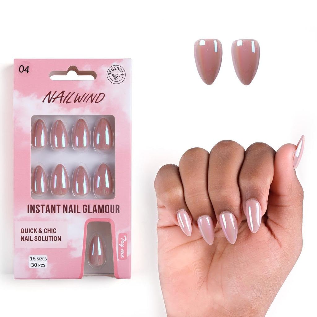 NAILWIND 30Pcs Short Almond chrome & Cat eye Nails, Press On Nails, Soft Gel Mirror Designs Glossy Nail's with Nail Glue, Reusable Glue On in 15 Sizes - 30PCS Stick On Nail Kit, Acrylic Nail for Women 04 - Glassy Nude - Image 5