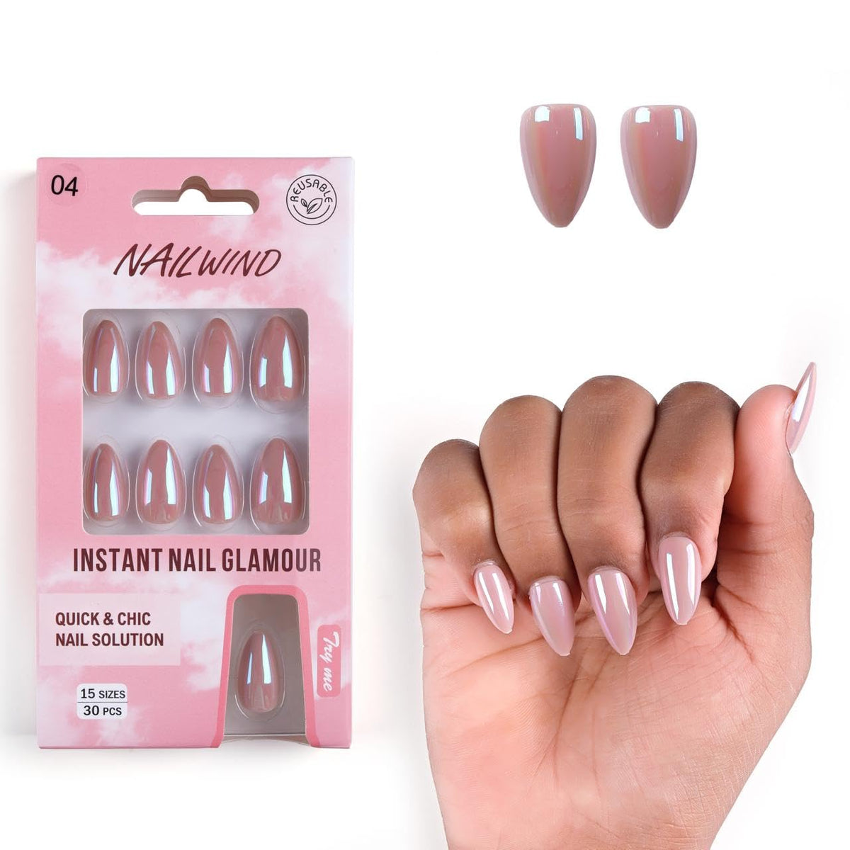 NAILWIND 30Pcs Short Almond chrome & Cat eye Nails, Press On Nails, Soft Gel Mirror Designs Glossy Nail's with Nail Glue, Reusable Glue On in 15 Sizes - 30PCS Stick On Nail Kit, Acrylic Nail for Women 04 - Glassy Nude - Image 5
