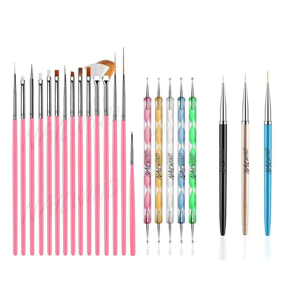 NAILWIND 23 pcs Nail Art Brushes, Nail Art Design Painting and Drawing UV Polish Brush Tool Kit, 15 pcs Nail Art Brushes Kit with 5 pcs Nail Dotting Pens, 3Pcs Nail Art Brushes Fine Liner Multicolored
