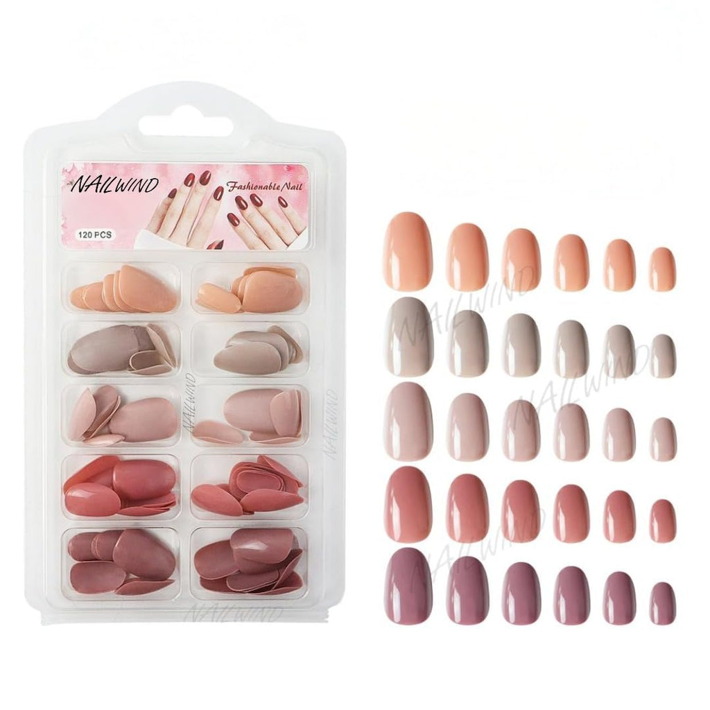 NAILWIND 120 Pcs Soft Gel Nails | Medium Round Artificial Nails Extensions | Combo in 5 Colors With Glue Stickers | Acrylic Nails Press ons for Women Girls (02)