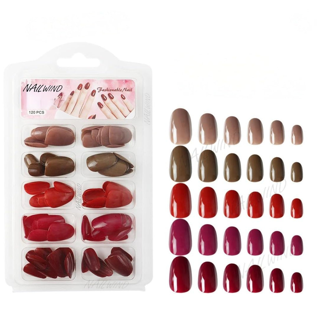 NAILWIND 120 Pcs Soft Gel Nails | Medium Round Artificial Nails Extensions | Combo in 5 Colors With Glue Stickers | Acrylic Nails Press ons for Women Girls (03)