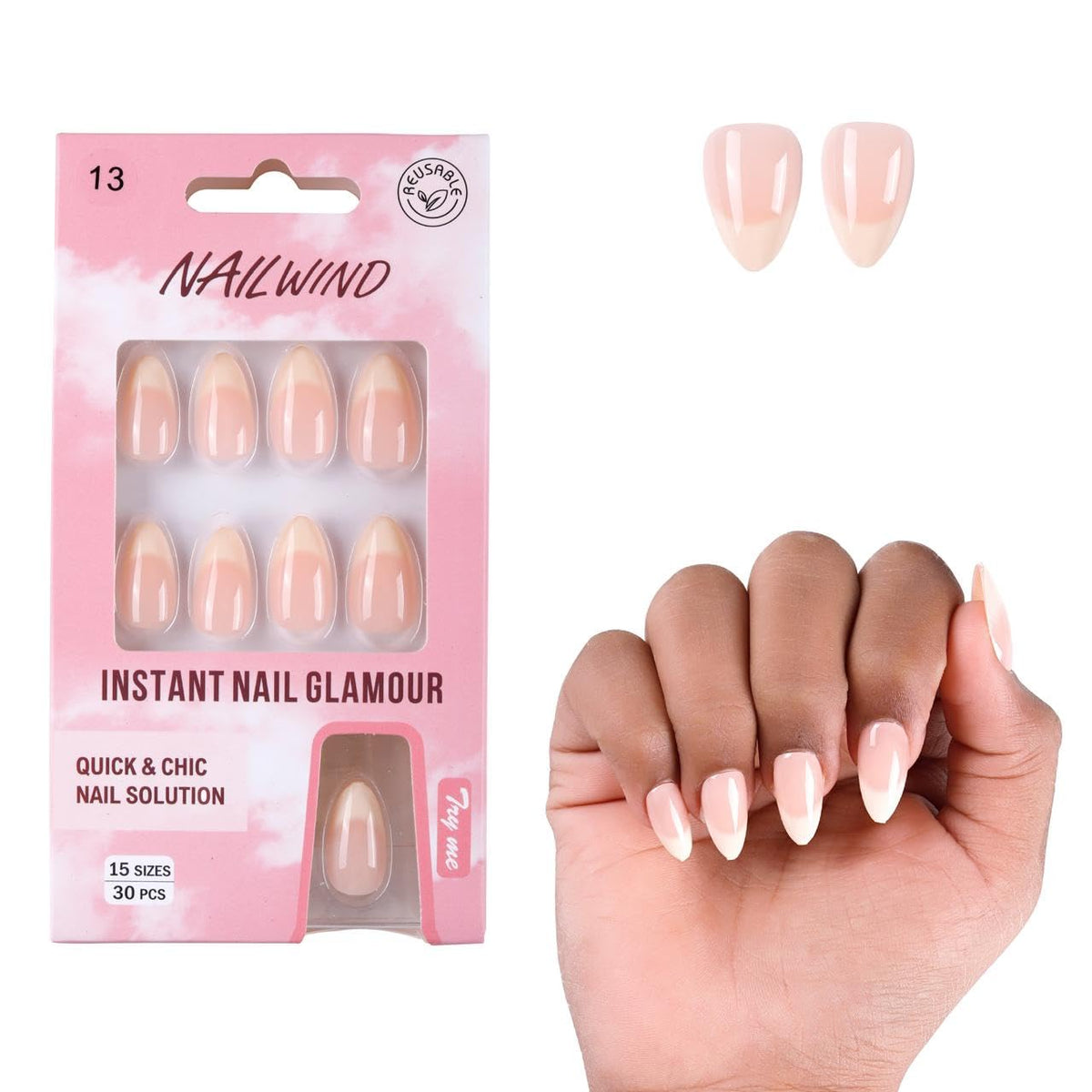 NAILWIND 30Pcs Short Almond Ombre Press On Nails & french Nail, Soft Gel Mirror Designs Glossy Ombre Nails with Nail Glue, Semi-Transparent Reusable Glue On in 15 Sizes - Acrylic Nail for Women 13 - Ombre French - Image 5